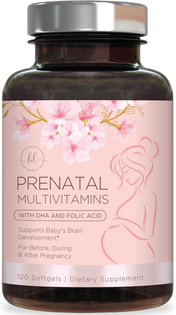 Prenatal Vitamin untuk Perempuan dengan Acid Folic & DHA, Pengembangan Otak Fetal & Omega 3, Multivitamin dengan Vitamin A, C, D, B6, B12 & Iron, Pregnancy Suplemen - 120 Softgels