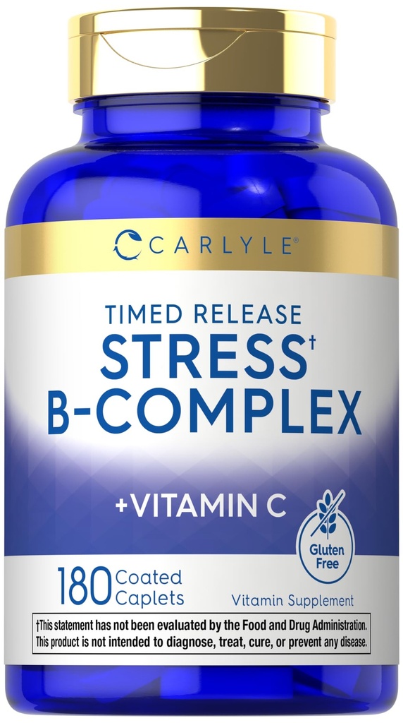 Carlyle Stress B- Complex Vitamin 124; 180 Vegetarian Caplets 124; dengan Vitamin C 124; Non-GMO & Gluten Free Supplemen