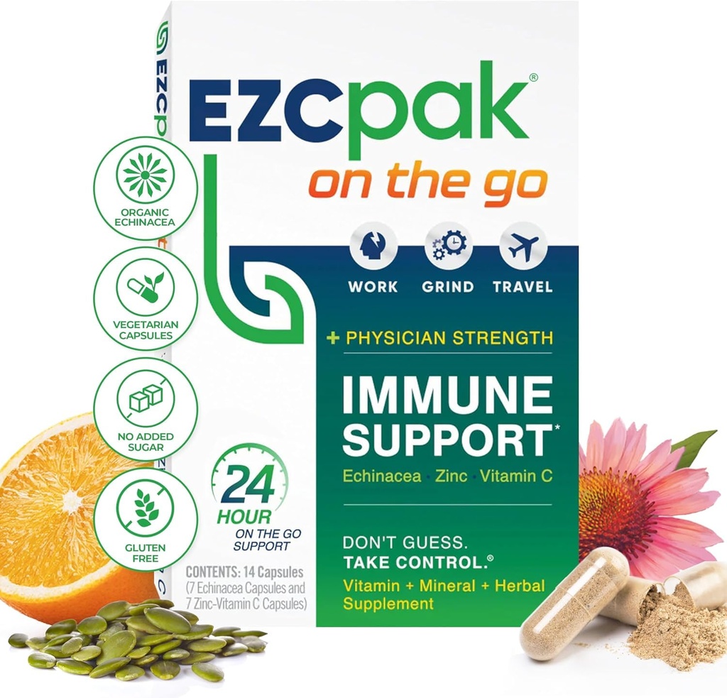 EZC Pak On The Go Immune System Booster dengan Echinacea, Vitamin C, Zinc, Suplemen kekebalan, Vitamin Kebal untuk Dewasa, Traveler-Friendly Packaging, Vegetarian, Gluten- Bebas