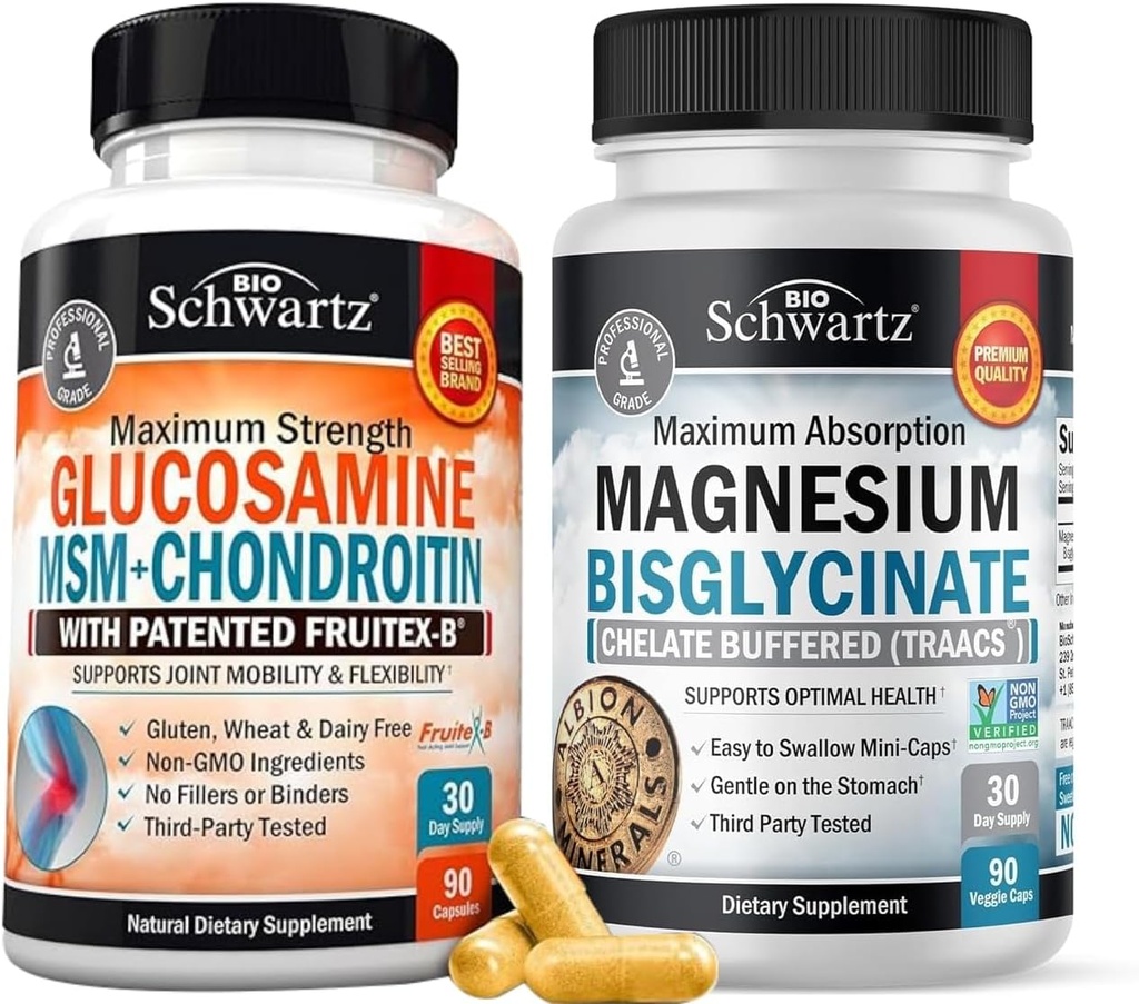 Absorpsi Tinggi Magnesium Bisglycinate Capsules (1 Bulan Supply) Plus Glucosamin Chondroitin MSM Triple Power Supplemen Dukungan Dukungan Gabungan (Persediaan Bulan 1)