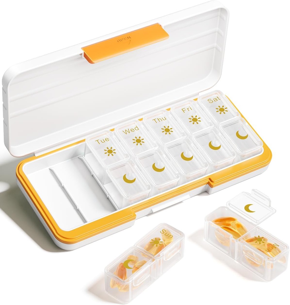 AM PM Pill Organizer 2 Kali sehari, 7 Hari Kotak Pill Weekly Organizer Travel dengan Kontainer Terpisah, Portable Daily Medicine Dispenser Case for Vitamin, Fish Oils, Suplemen Beige Beige