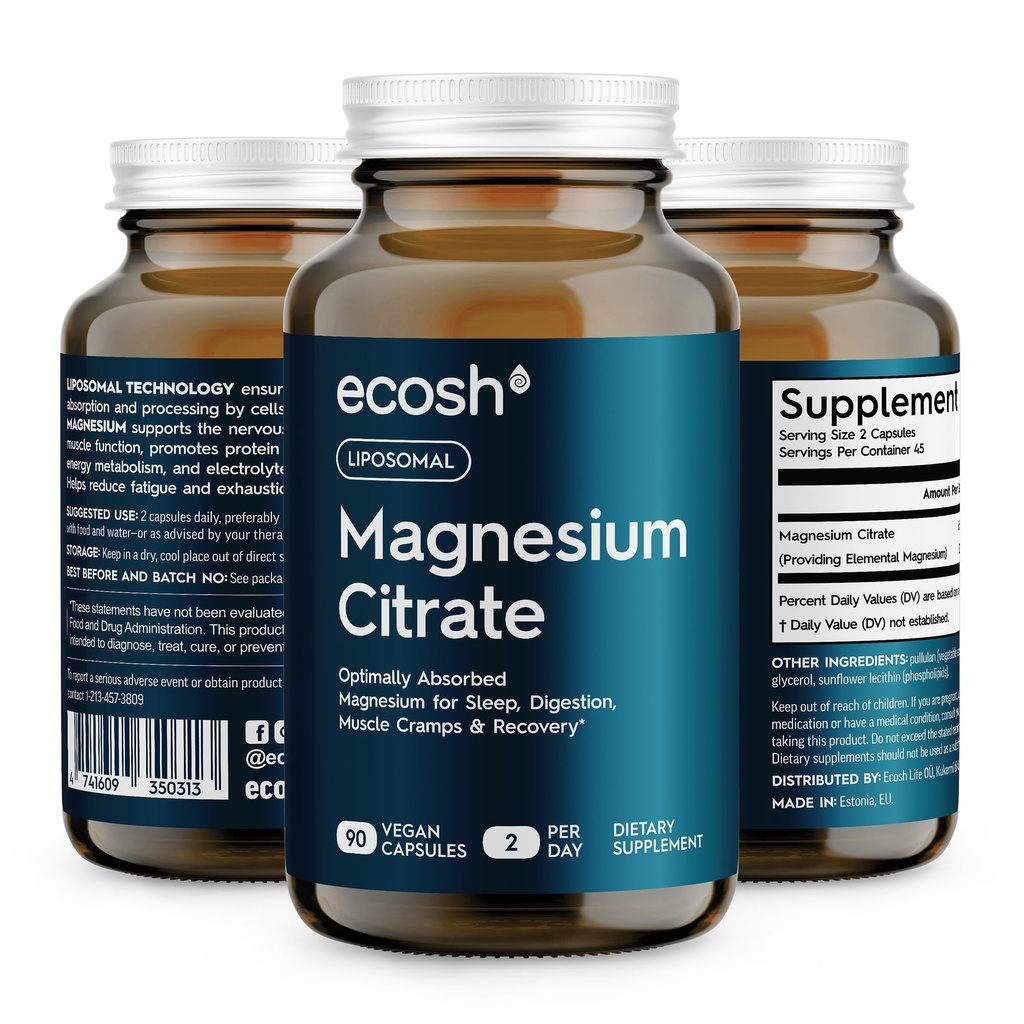Liposomal Magnesium Citrate Capsules - Suplai Absorpsi Magnesium Tinggi untuk Pemasangan Sembelit, Tidur, Muscle Cramps & Recovery 124; Potensi Tinggi Mg 124; Mudah untuk Swallow Veg Capsules 124; Non-GMO 124; 90
