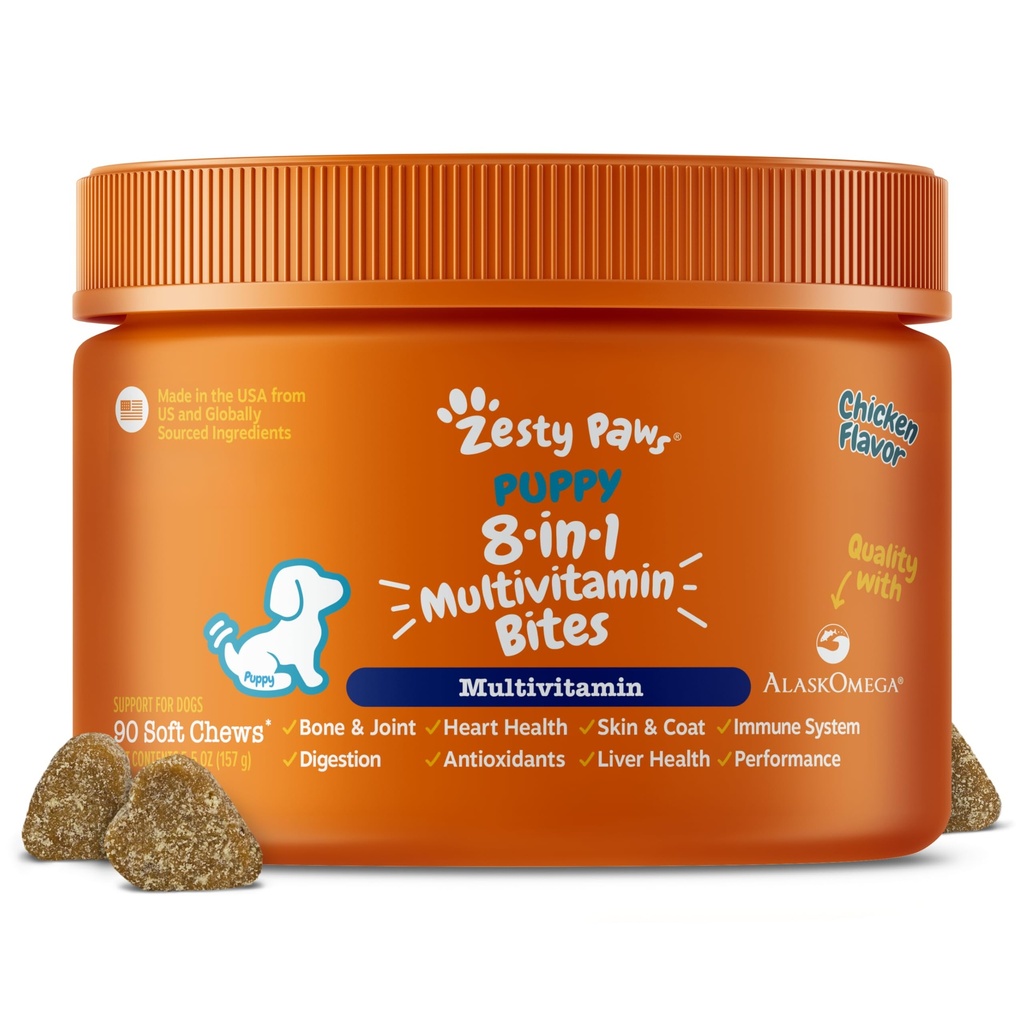 Zesty Paws Dog Multivitamin, Chewable Dog Vitamin dan Suppins for Hip & Joints, Skin & Coat, Omega 3 Fish Oil untuk Dogs- Puppy Multivitamin - Chicken Puppy Bite - 90ct