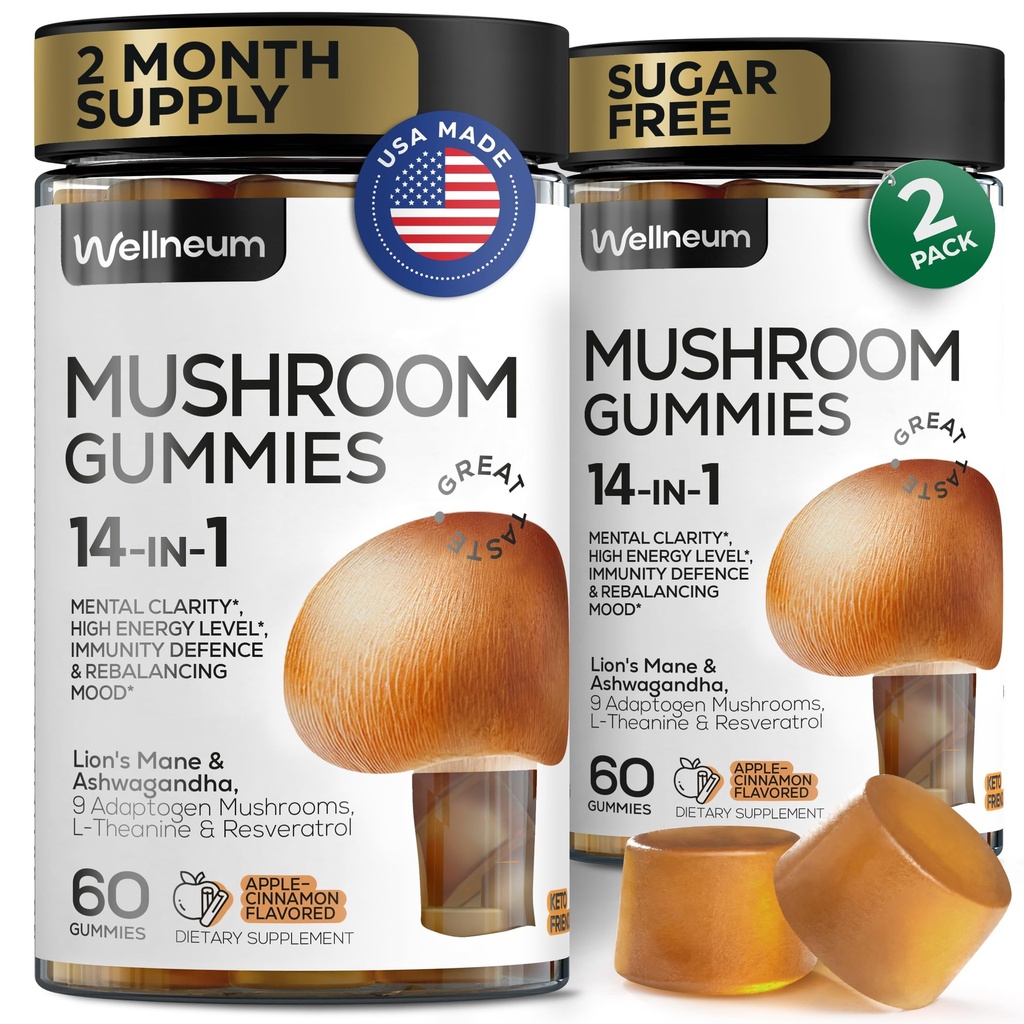 Mushroom Gummies 5000 Mg 120 Pcs (2 Pack) - Lion 's Mane and 9 Adaptogenic Mushroom Blast - Ashwagandha, L- Theanine - Mushroom Gummies for Energy, Immunity, Focus, Brain Boost - No Sugar and GMO