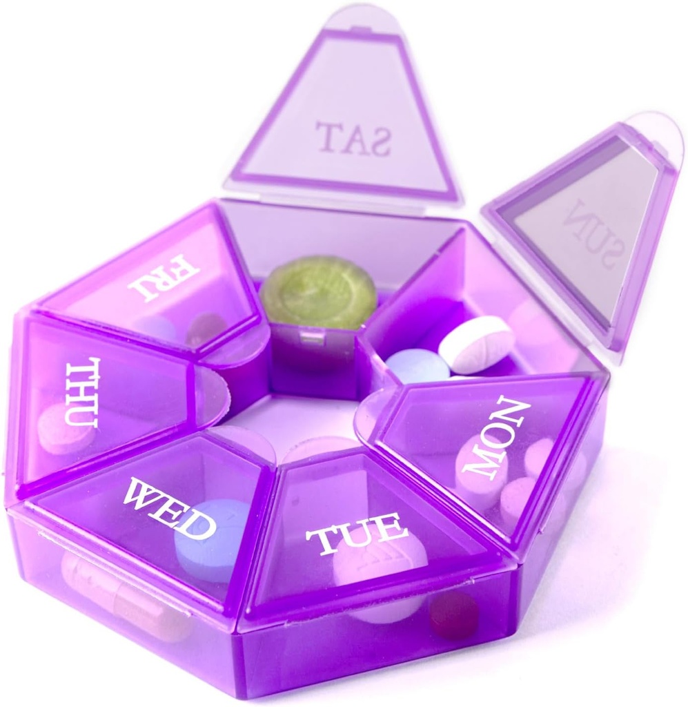 Deke Home - Small Weekly Pill Organizer, Round Pill Dispenser untuk Perjalanan, Mini Pill Organizer, Compact Medicine Holder, Pil Slater 7 Days, Portable Vitamin Container, BPA Free (Tingkat Makanan)