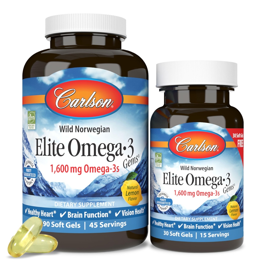Lab Carlson Elite Omega-3, 1600 mg, Gms Fish Oil Soft Gels, Natural Lemon Flavor, 2 Pack (120 Hitung Masing-masing)