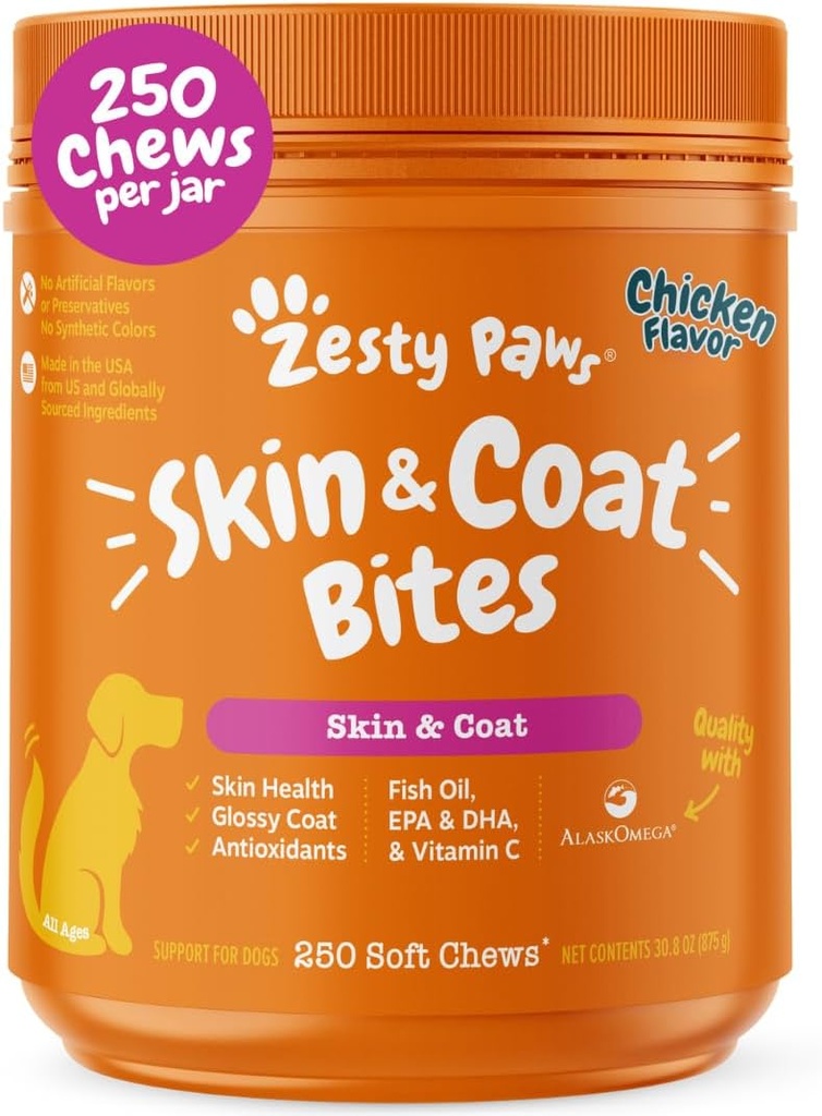 Zesty Paws Omega 3 Fish Oil for Dogs - Zesty Paw Dog Vitamin and Suplemen untuk Hip, Gabungan & Skin, Chicken (250 Chews)