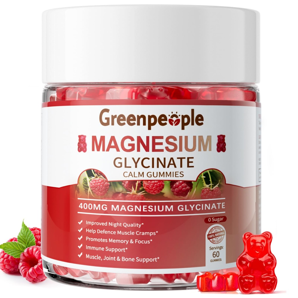GreenPeople Magnesium Glycinate Gummies 400mg - Sugar Free Magnesium Potasium Suplemen Magnesium Malate, Vitamin D, B6, dan CoQ10 untuk Dukungan Tenang & Tidur untuk Orang Dewasa