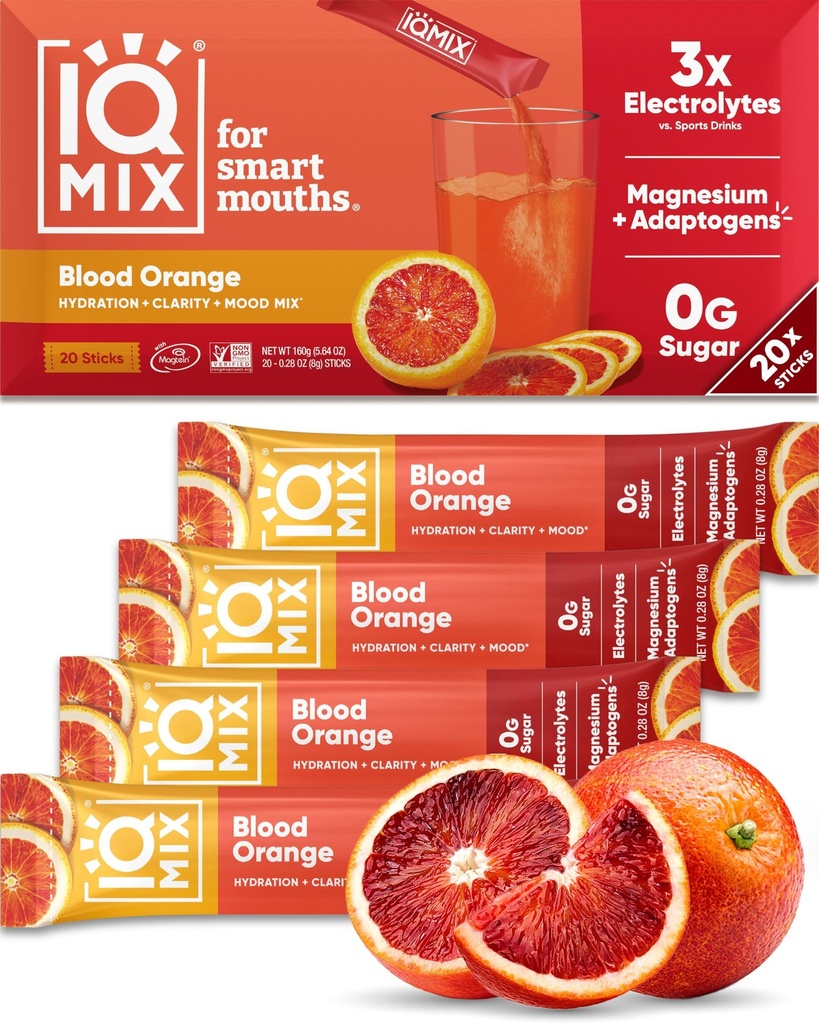 IQMIX Hydration Electrolite Powder - 4-1 Formula untuk Hidration, Mental Clarity, Mood dan Recovery - Sugar- Free Drink Mix, Keto, Magnesium L- Threbonate, Lion 's Mane - 20 Count Blood Orange