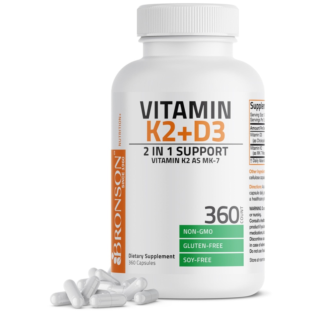 Bronson Vitamin K2 (MK7) dengan D3 Suplemen Non- GMO Formula 5000 IU Vitamin D3 & 90 mcg K2 MK-7 Mudah untuk Swallow D & K Kompleks, 360 Capsules