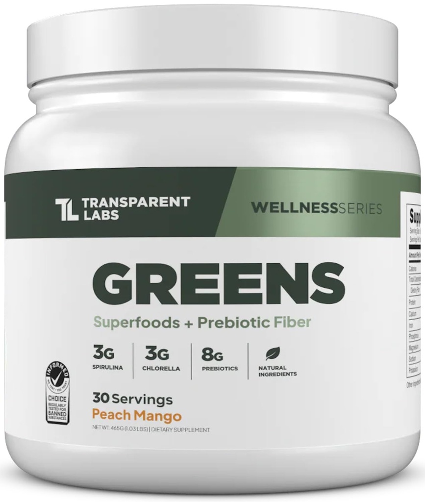 Transparent Labs Prebiotic Greens - Superfood Powder & Antioksidants Suplemen dengan Organic Spirulina, Chloerra, Acakia, & Green Banana Powder - 30 Hamba, Peach Mango