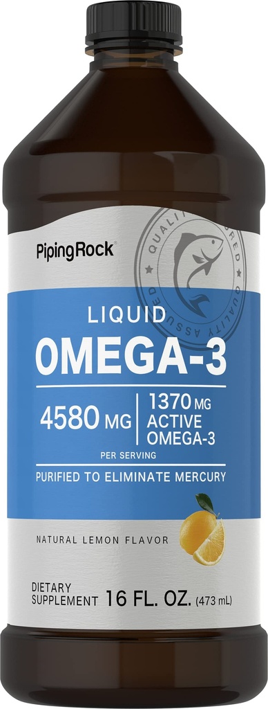 Piping Rock Omega 3 Oil Liquid Suplemen Ikan 124; 16 Fl Oz 124; Mercury Free Forest 124; Lemon Flavor 124; 1370 mg Aktif Omega-3 124; untuk Pria dan Perempuan 124; Non-GMO, Gluten Free