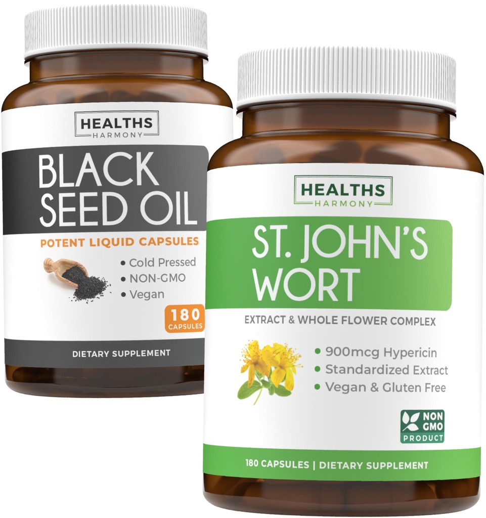 Black Seed Oil & St. John 's Welt (3- Bulan Suply) Harmony Essence Bundle of Black Seed Oil (180 Capsules) Cold- Menekan Nigella Sativa & St. John Wort (180 Capsules) dengan powerful 900mcg Hypericin