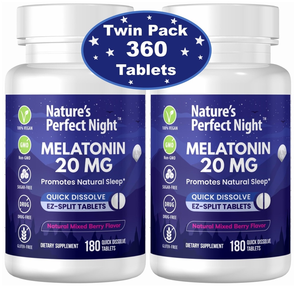 Nature 's Perfect Night 124; Melonain 20mg 124; 180 Quick Dissolve Tablet, 2- Pack 124; Natural Mixed Berry Flavor 124; High Potency 124; Sugar Free 124; Vegan 124; Gluten Free 124; 2 Count