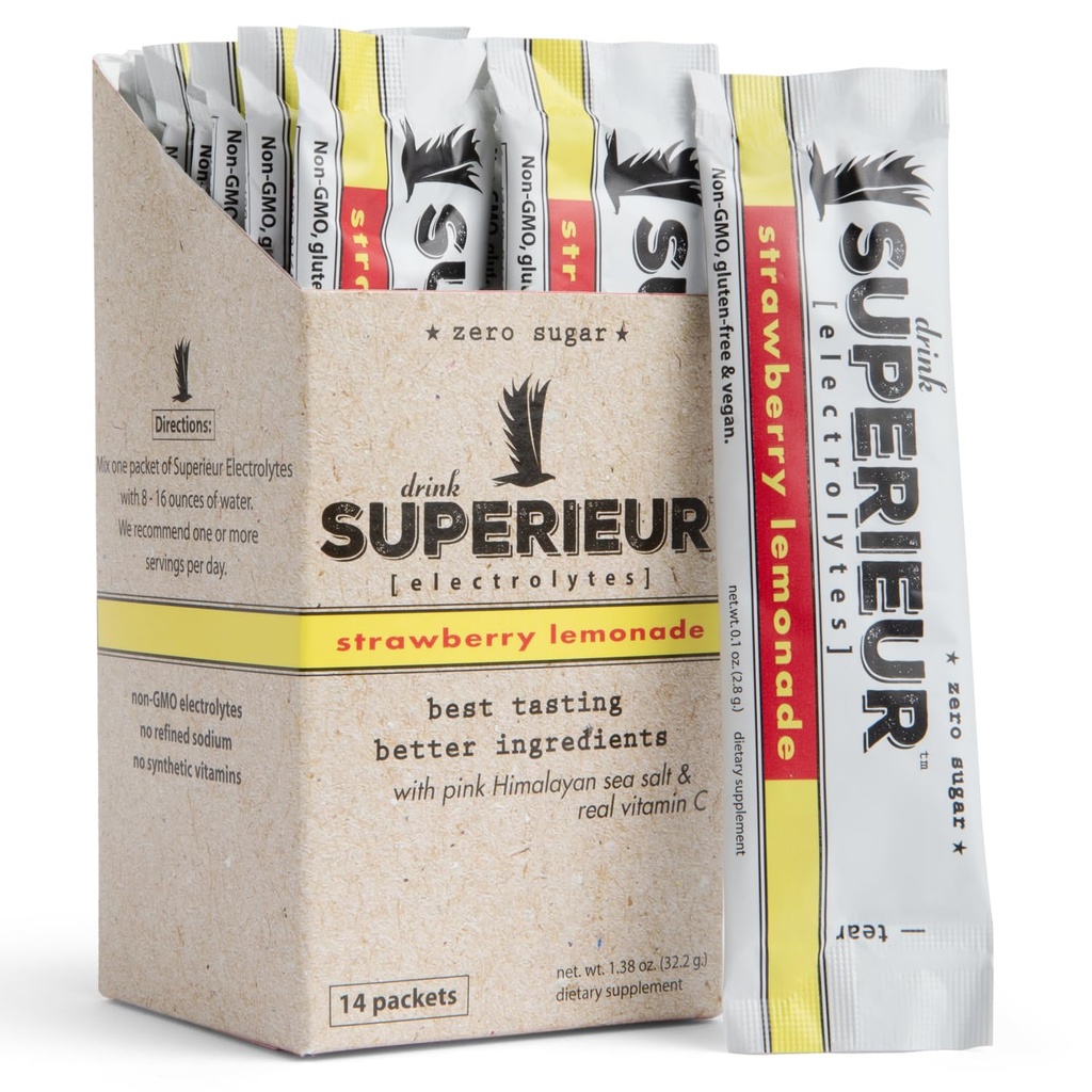 Superieur Electrolite Powder Packet- Vegan Electrolite Hidration Powder w / Sea Minerals- Keto Friendly, Non-GMO, Zero Sugar Electrolite Suppliments-Healthy Sports Drink - Strawberry Lemonade (14 Paket)