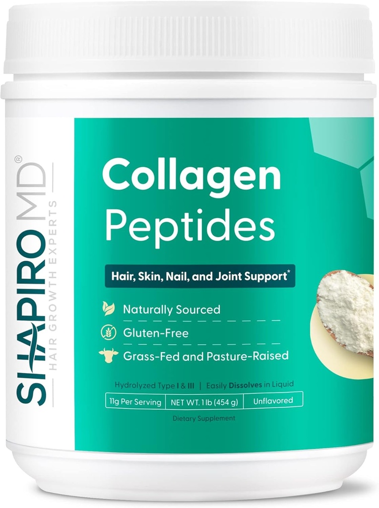 Shapiro MD Growth Experits Collagen Peptides Powder, Collagen Powder Suplement for Hair, Skin, Nails, and Joint Dukung, I & III Hydrolyzed Collagen for Easy Absorpsi, 11g Collagen - 16 oz.