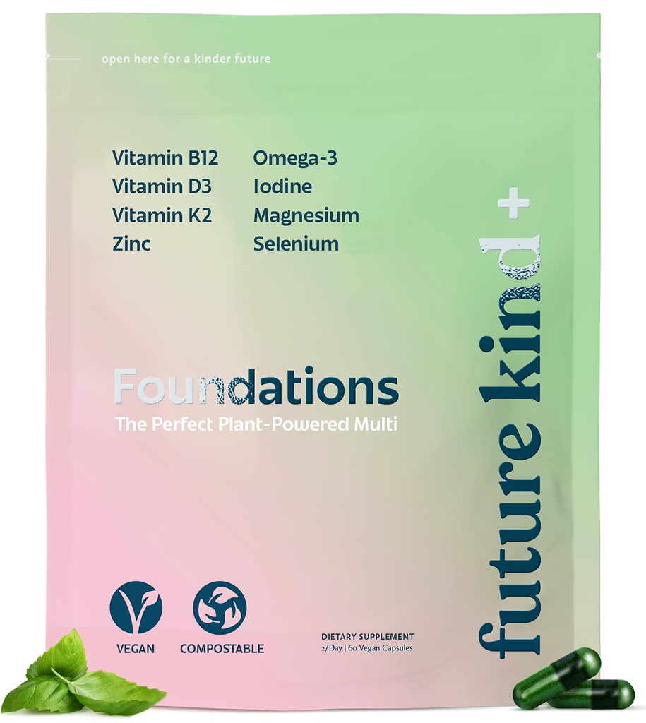 CarrageenanFuture Kind - Free Foidations Multivitamin for Women & Men with Omegaga- 3, B12, D3, Zinc, Iodin, Magnesium, K2 & Selenium, Vegan, Compostable Bag (60ct)