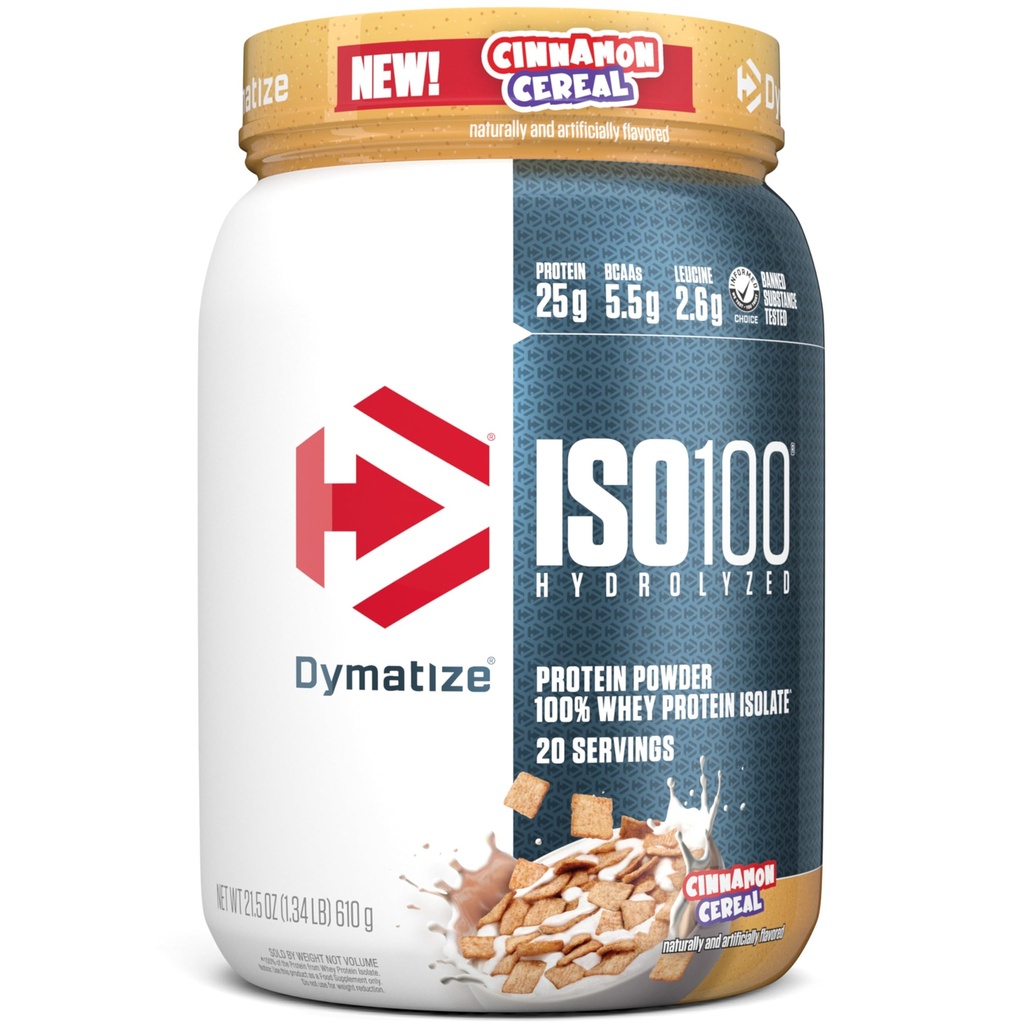 dymatize ISO100 Whee Protein Powder Isolate, Cinnamon Cereal, 25g of Protein, 5.5g BCAAs, Kurang dari 120 Cal., Gluten Free, 1g Fat, 1g Sugar, 2g Carb (20 Pelayan)