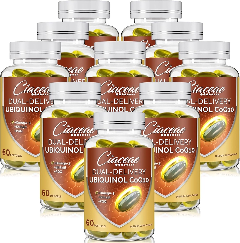 Ubiquinol CoQ10 600 MG Softgels dengan Omega-3 & Shilajit & PQQ, Advanced Dual Delivery - Q10, Aktif CoQ10 Ubiquinol Supportilitas, Antioksidant, Heart, Brain & Energy, 600 Servis