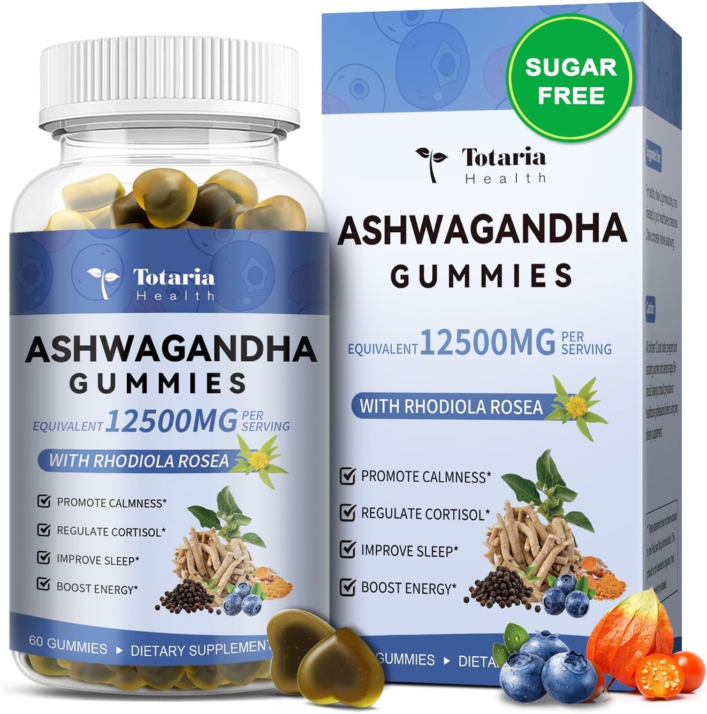 Totaria Sugar Free Ashwagandha Filled Gummies 2500mg w / Vitamin D3, Magnesium Glycinate, Rhodiola, Ultra Power Ashwa Root Suplemen & Wen, untuk Relaxation, Energy, Blueberry Flavor