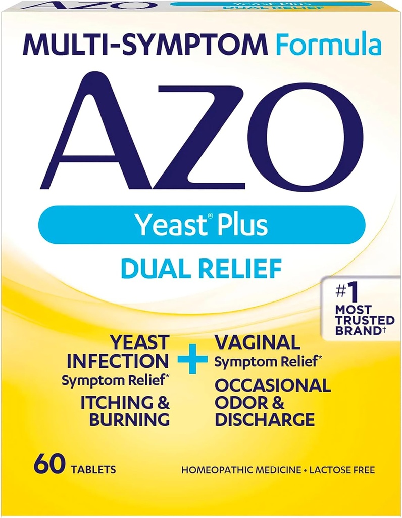 AZO Yeast Plus Dual Relief Tablet, Infeksi Yast dan Relief Vaginal Symptom, Relieves Vaginal Itching & Burning, 60 Count