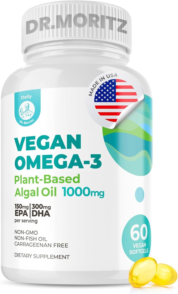 DR. MORITZ Vegan Omega-3 Softgels for Adults and Kids, Made from Algae Oil with DHA EPA, Small Algae Omega 3 Supplements, Vegan, 60 Count