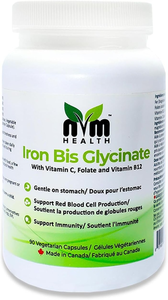 Tambahan Besi Lembut untuk Dewasa I Besi Bisglycinate dengan Vitamin C, B12, Asam Folic I Supports Red Blood Formasi Darah & meningkatkan kekebalan - 90 Vegeterian Capsules, Gluten Bebas