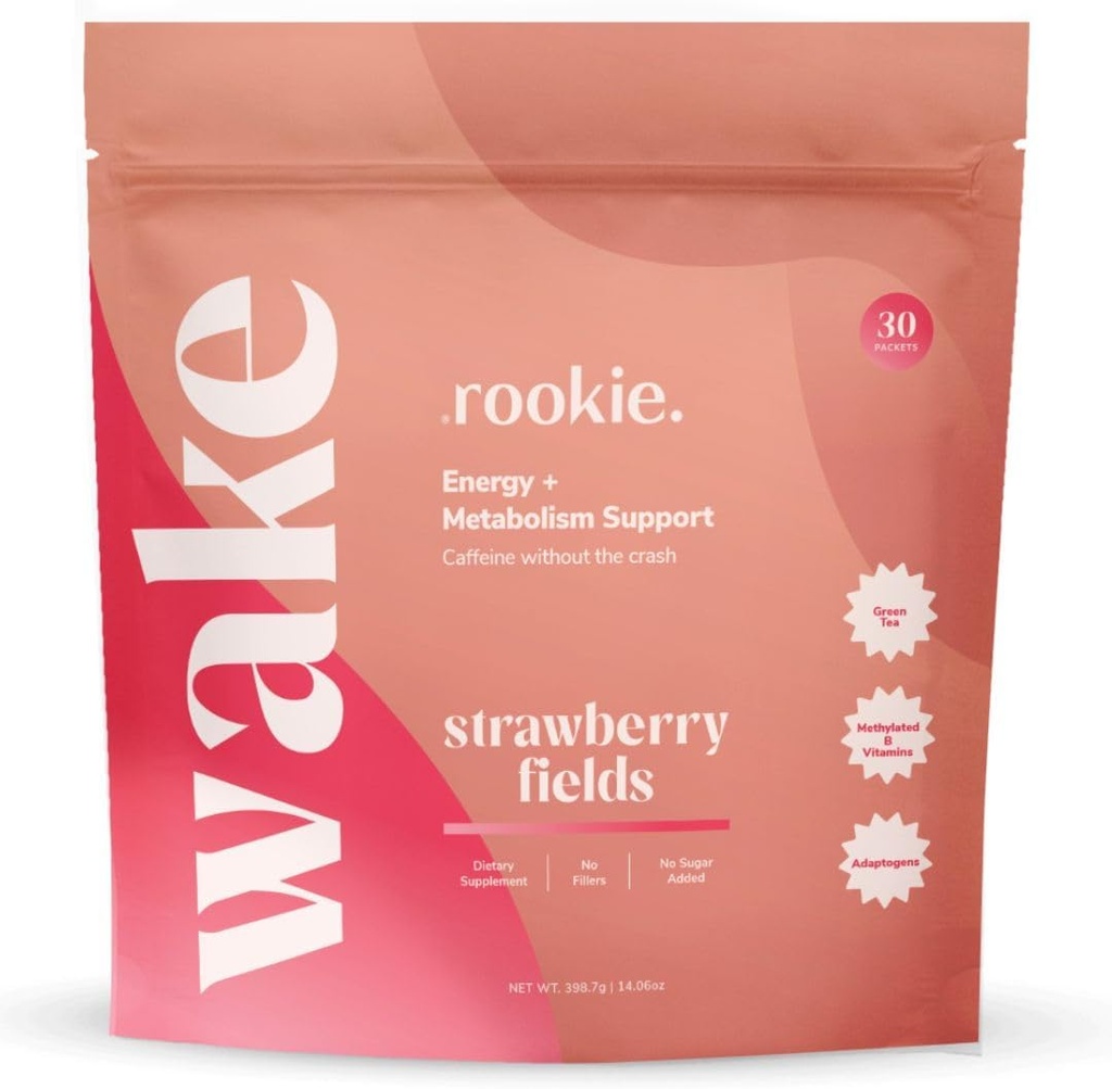 Rookie Wellness Wake - Natural Energy Chowder with 125 mg of Caffeine from Green Tea Extract, B-Complex Vitamin, Ashwagandha Extract, & Guarana Extract (30 Pelayan, Strawberry Fields)