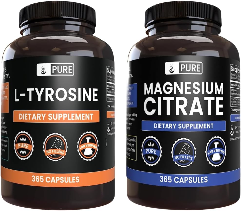L- Tyrosine dan Magnesium Citrate Bundle, 365 Capsules Setiap, Selalu Murni, Lab Verified