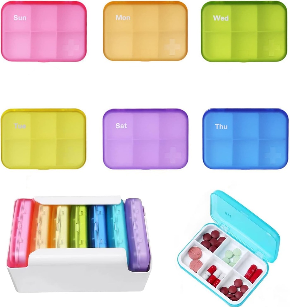 7 Potongan Set Pill Organizer 6 Kali sehari, Weekly Daily Travel Organizer Portable 7 Day 42 Comparts Pill Box dengan Moisture- Providence Case Travel Pill Container untuk Vitamin, Suplemen
