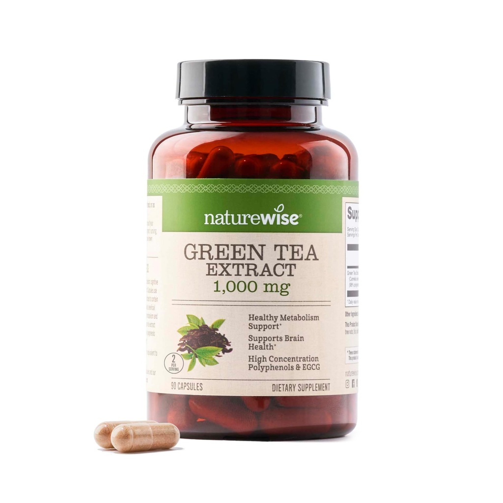 NatureWise Green Tea Extract Capsules 1000 mg - 50% EGG & 98% Polyphenols - Ekstra Pil Teh Hijau - Antioksidants for Heart Health & Energy - Vegan, Non-GMO - 90 Count [45- Day Suppply]