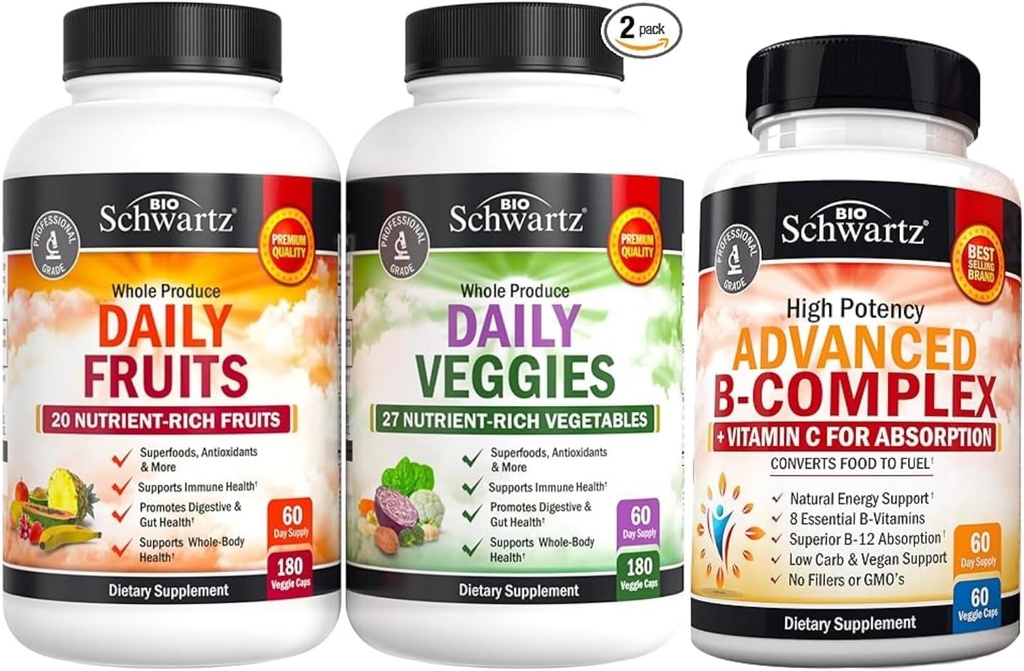 BioSchwartz Daily Fruits and Vegies Supplement for Women and Men (2 Bulan Supply) Plus Vitamin B Complex with Vitamin C (2 Pasokan Bulan)