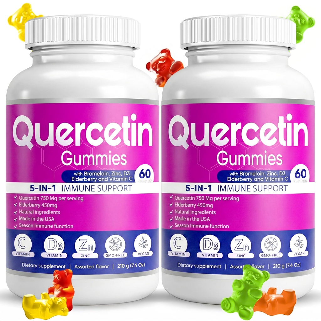 (2 Kemas) Quercetin Gummies by BioVitalica - Quercetin dengan Bromelain Vitamin C dan Zinc & Elderberry + Vitamin D3- 5 dalam 1 Imune Support - Zinc Quercetin 750 mg untuk Anak-anak dan Dewasa