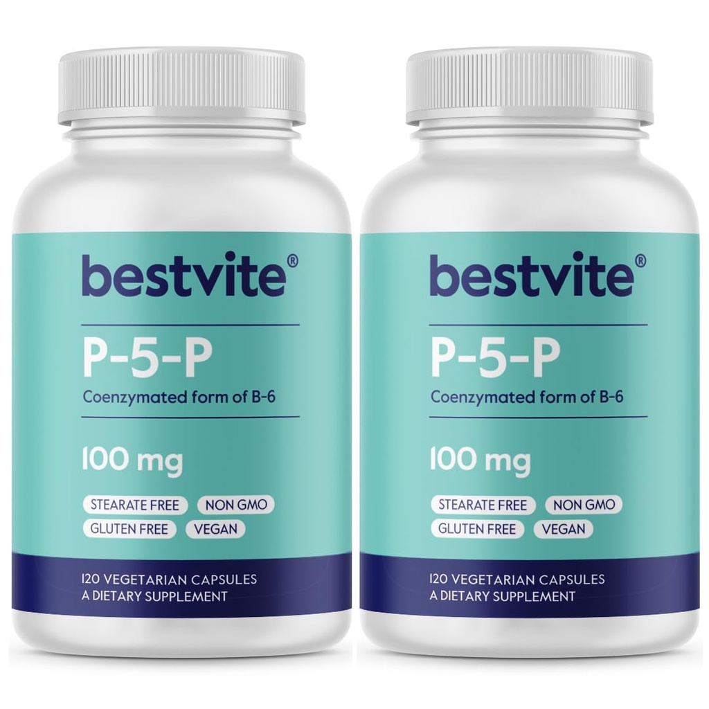 BESTVITE P-5- P 100mg (240 Kapsul Vegetarian) (120 x 2) (Bentuk CoEnzymated dari B-6) - Tidak ada Stearat - Vegan - Non GMO - Gluten Bebas