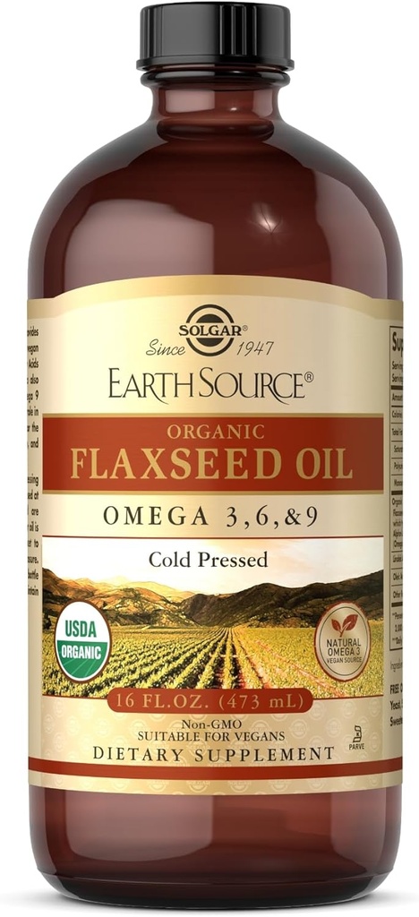 Solgar Earth Source Organic Flaxseed Oil - 16 fl oz - Cold Press - Omega 3, 6 & 9 - USDA Organik, Non-GMO, Gluten Free - sekitar 31 pelayan