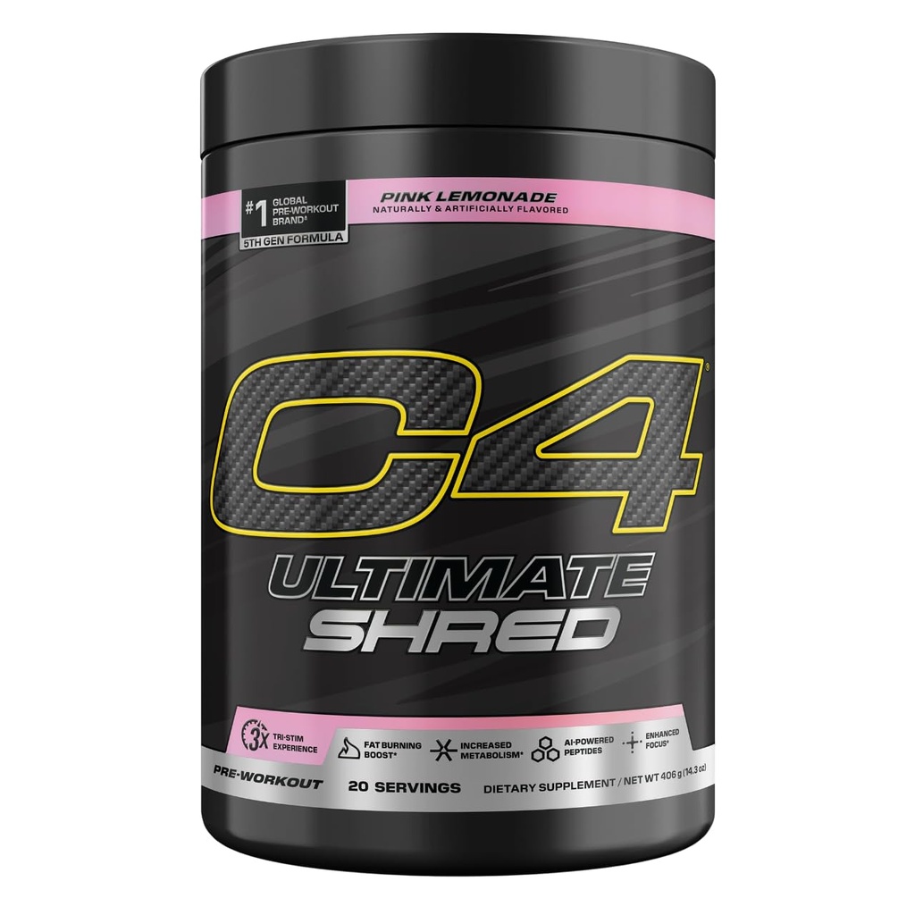 Selucu C4 Ultimate Shred Pra Workout Powder, Metabolisme Suplemen dengan Ekstrak Cayenne + 300mg Caffeine + TeaCrine + Dynamine - Pink Lemonade, 20 Hamba