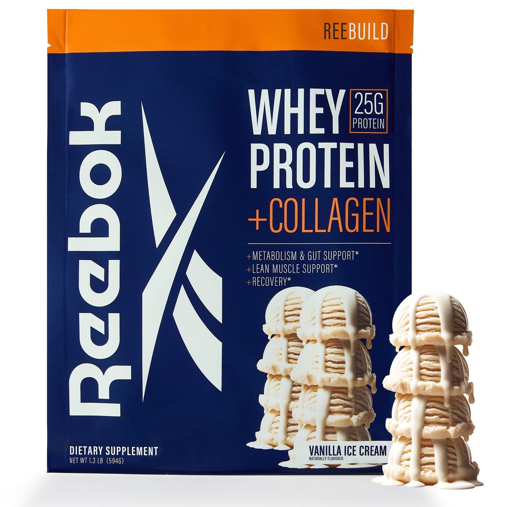 Reebok Whey Protein Powder + Collagen Peptides 124; 25g Protein dengan 9 Escule Amino Acids 14; Muscle Recovery, Bersama & Gut Duck 124; Informed- Sport Cerfied 124; ReeBuild Vanilla Ice Cream Flavor, 1.3 lb