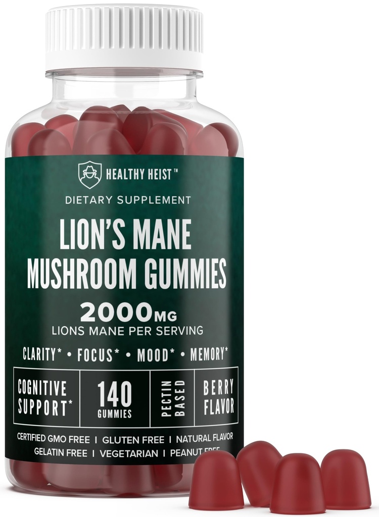 Lions Mane Mushroom Gummies for Adules, 140 Count Bulk Lion 's Mane Chewables, High Potency 10: 1 Organic Extract berjumlah 2000mg, Supppport Mental Clarity, Focus, Mood and Brain Fog