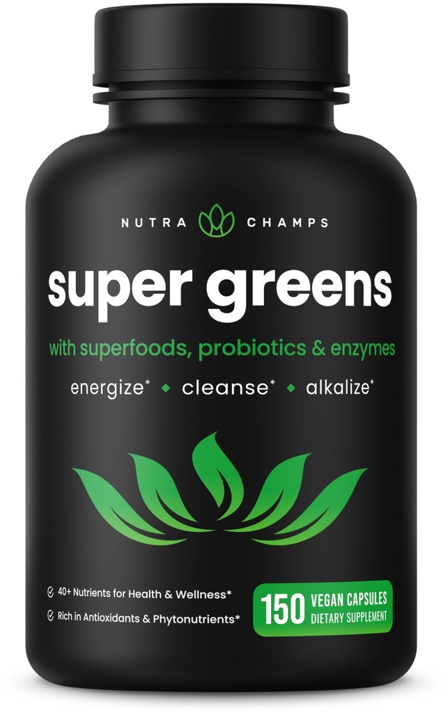 NutraChamps Organic Super Greens Capsules - Alfalfa, Spirulina, Chlorella & More - Antioksidant, Enzyme & Probiotic Blends - 150 Green Superfood Capsules