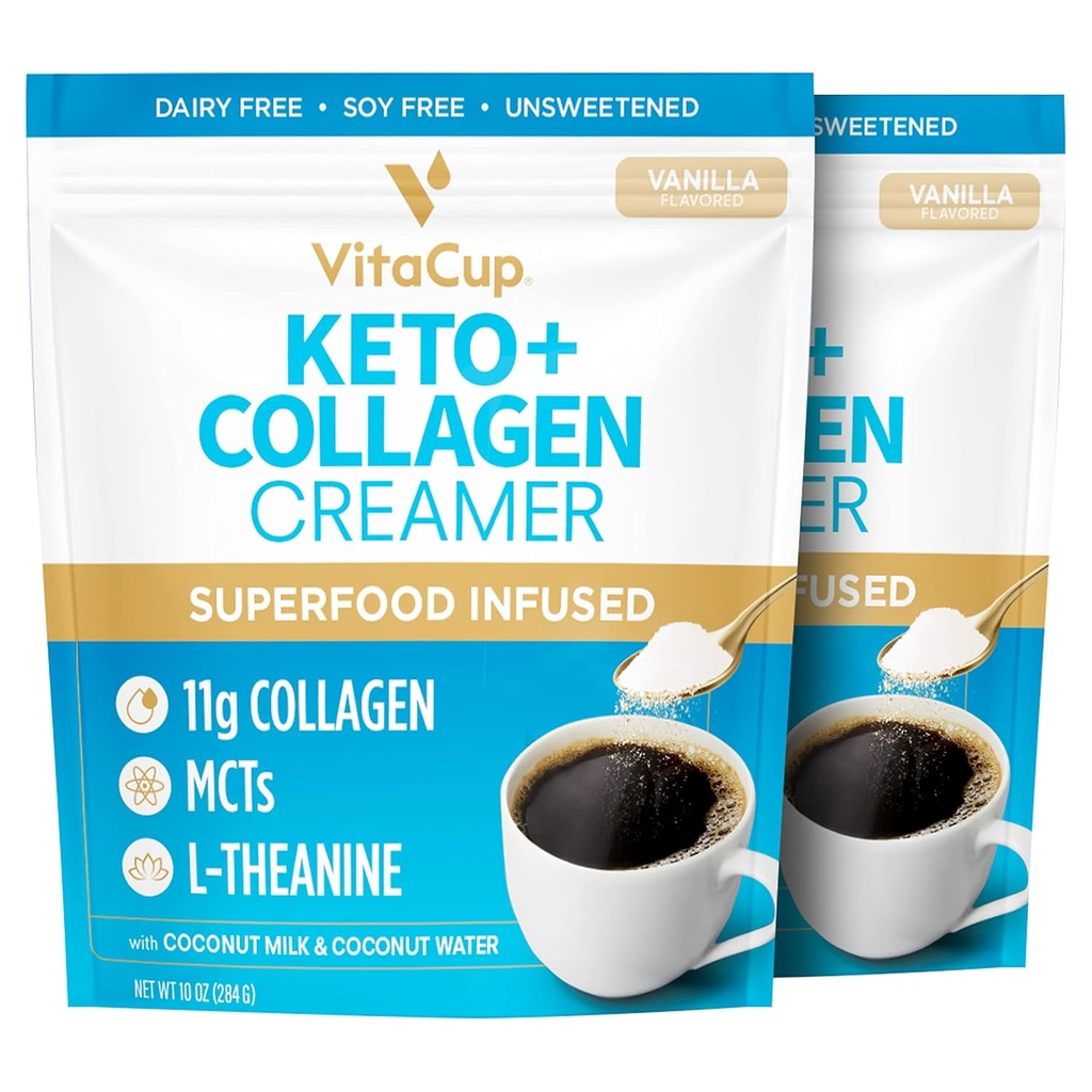 VitaCup Keto + Collagen Coffee Creator Vanilla Flavor w / MCT, Collagen Protein, Coconut Water, L-Theanine for Keto Diet, Coffee, Smoothies, & Shakes, Dairy- Free, Glugen, Soy- Free, 2 tas, 10oz masing-masing