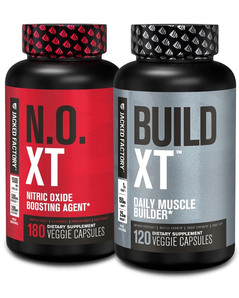 Jacked Factory Muscle Builder Supplement Stack - Build- XT Muscle Builder & N.O. XT Nitric Oxide Boosting Agent untuk Dual Supppply (Suppply 60 Hari)