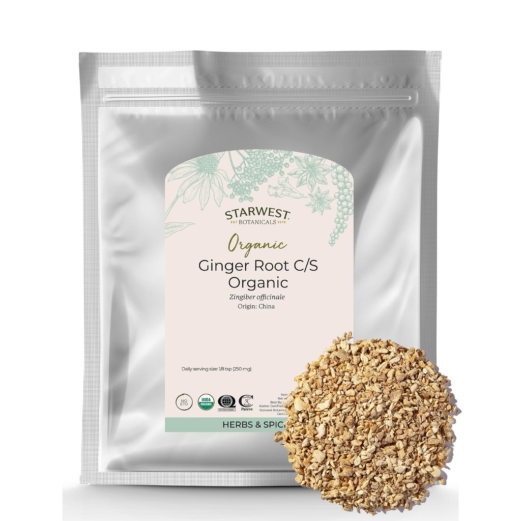 Starwest Botanicals Organicals Ginger Root - kering Ginger Herb untuk Teh, Baking, & Cooking, Cut and Sifted, Natural Herbal Spice, Pasokan Divalry, Certifikasi Kosher, Non-GMO - Bulk 1 lb Bag