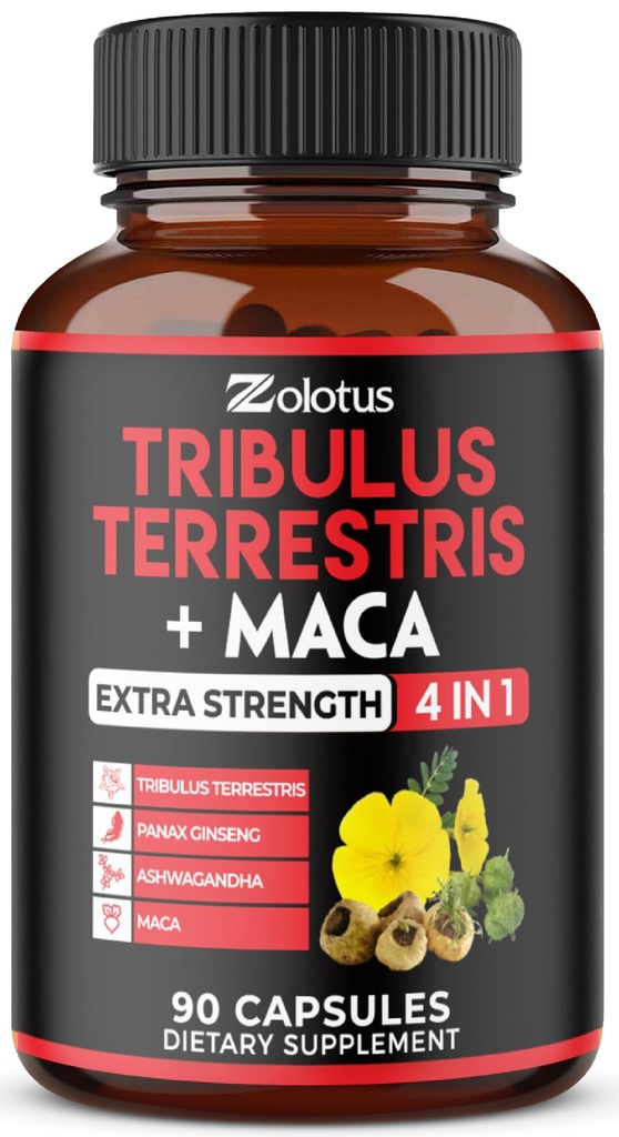 Zolotus Premium Tribulus Terrestris Capsules - bergabung dengan Ashwagandha, Panax Ginseng & Maca - 90 Counts selama 3 Bulan