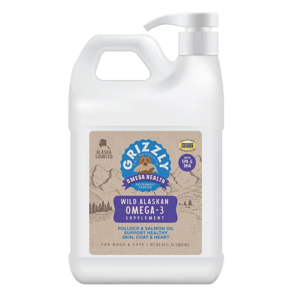 Grizzly Pet Products Omega Health Cair Omega- 3 Tambahan untuk Anjing dan Kucing, 64 Ounce Jug
