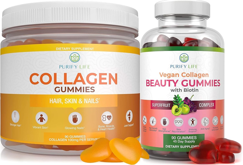 Purify Life Marine Collagen & Vegan Collagen Bundle, Gummies Vitamin for Hair Skin and Nails Health (90 Chews), Pore Reducer & Elasticity, Ganti Kapsul, Pil
