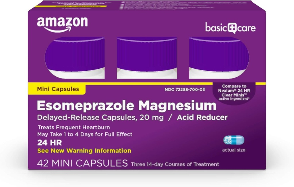 Perawatan Dasar Esomeprazole Magnesium Delayed- Melepaskan Mini Capsules, 20 mg, Acid Reducer, 24 Hour Heartburn Medicine, 42 Count