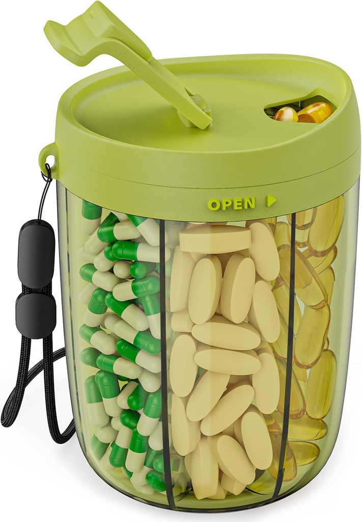 PULIV Large Pill Bottle Organizer, Advanization Organizer Tambahan 6 Berbagai Vitamin, Kotak Pill Kasus dengan Anti- Mixing & Wide Design Pembuka, Mudah Mengambil Meds dan 20 Pcs Stick-on Label, Hijau