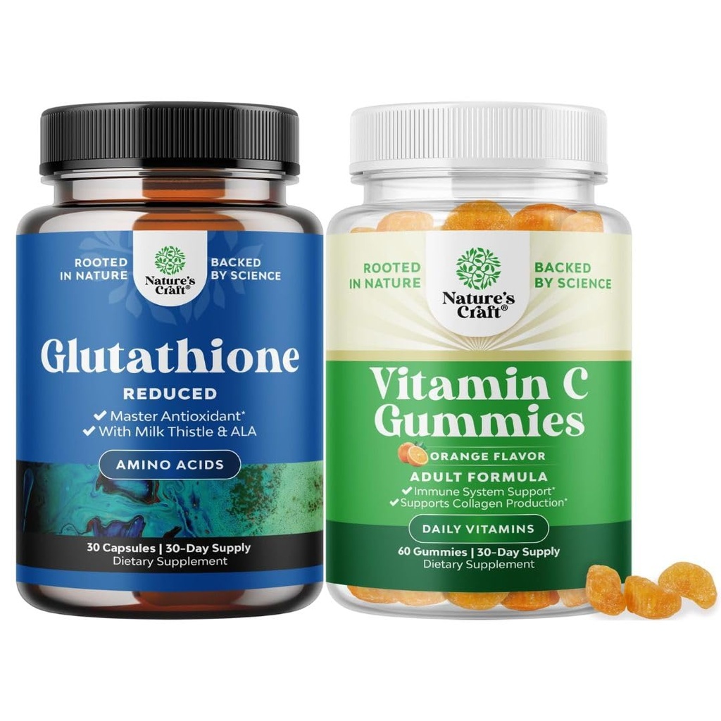 Bundle of Reduced Glutathione Suplemen dengan Milk Thistle - 500 mg per Serving Pure L Glutathione dan Chewable Vitamin C Gummi untuk Dewasa - Ascorbic Acial Gummy Immune Booster & Cold Remedy