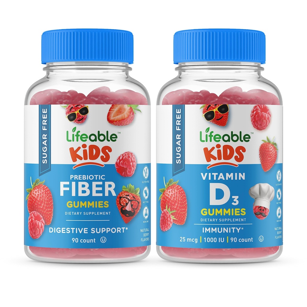 Lifeable Sugar Free Preciotic Fiber Kids + Vitamin D Kids, Gummies Bundle - Great Tasting, Vitamin Suplemen, Gluten Free, GMO Bebas, Gummy Chewable