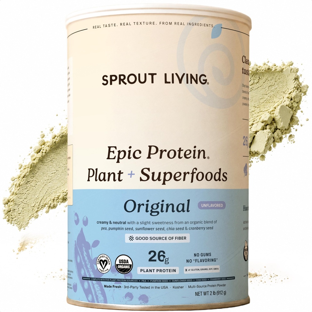 Sprout Living Plant Based Protein & Superfood Powder, Original, Unflashted 124; Organic Protein Powder, Vegan, Non Dairy, Non-GMO, Gluten Free, Sugar Free, Perfect Keto Drink (2 lb)